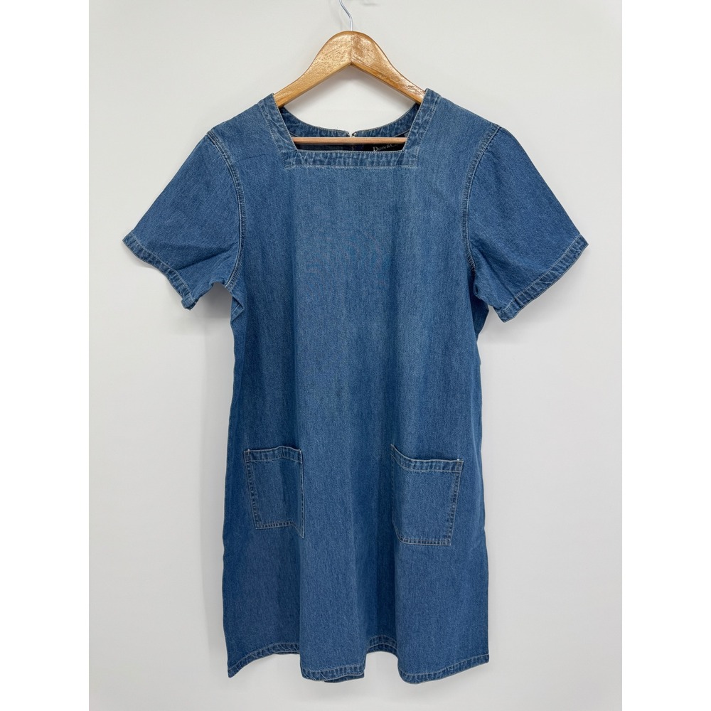 Denim & Co Shift Denim Dress Women L Blue Square Neck MiniCoastal Grandma Casual